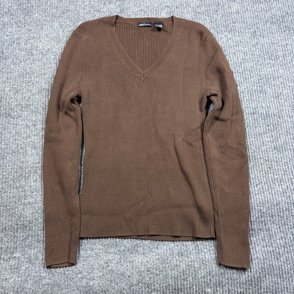 Moda International Brown Ribbed V-Neck Cotton Sweater Womens Large L Long Sleeve